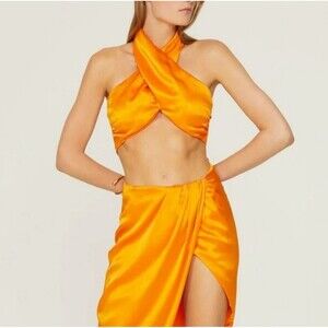 NICHOLAS Orange Silk Twist Halter Crop Top